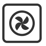Symbol termoobiegu w piekarniku. Wentylator w okręgu, otoczony ramką.