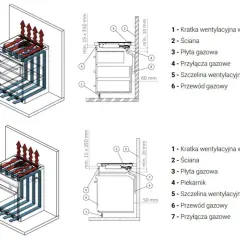 Schemat montażu płyty gazowej w blacie nad piekarnikiem, z uwzględnieniem wentylacji i przyłączy gazowych.