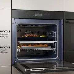 Samsung Dual Cook: jak ustawić górną i dolną komorę. Mięso na górze (160°C, 1h), ciastka na dole (190°C, 20 min).