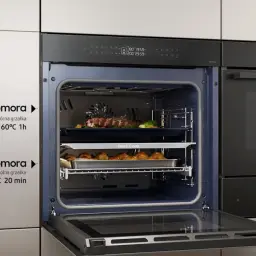 Samsung Dual Cook: jak ustawić górną i dolną komorę. Mięso na górze (160°C, 1h), ciastka na dole (190°C, 20 min).