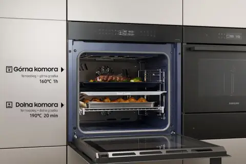 Samsung Dual Cook: jak ustawić górną i dolną komorę. Mięso na górze (160°C, 1h), ciastka na dole (190°C, 20 min).
