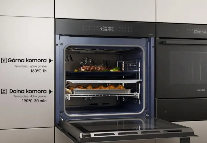 Samsung Dual Cook: jak ustawić górną i dolną komorę. Mięso na górze (160°C, 1h), ciastka na dole (190°C, 20 min).