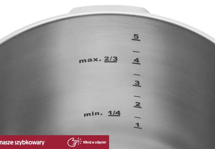 Wnętrze garnka ze stali nierdzewnej z podziałką i oznaczeniami "min. 1/4" oraz "max. 2/3". Widoczny jest znaczek indukcji.