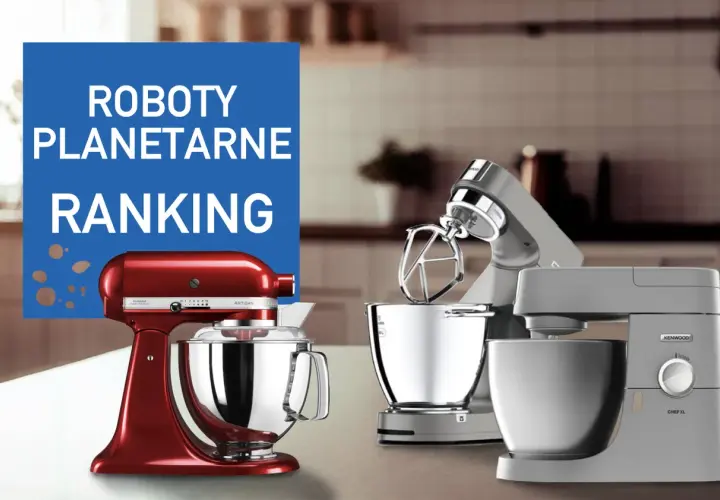 Ranking robotów planetarnych: czerwony KitchenAid Artisan i szare Kenwood Chef XL w kuchni.