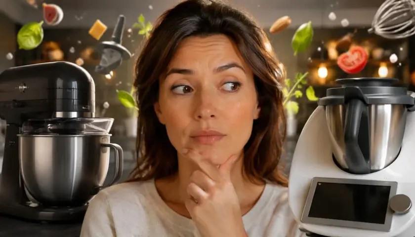 Kobieta zastanawia się, czy wybrać robota kuchennego Cobbo 7, czy Thermomix. Wokół unoszą się składniki.