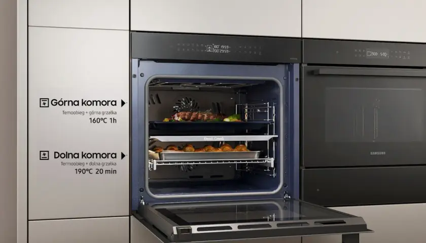Samsung Dual Cook: jak ustawić górną i dolną komorę. Mięso na górze (160°C, 1h), ciastka na dole (190°C, 20 min).