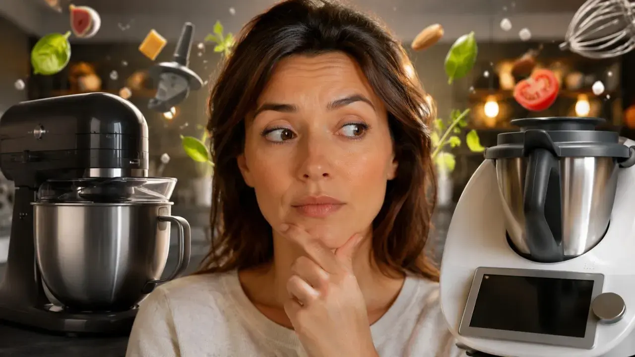 Kobieta zastanawia się, czy wybrać robota kuchennego Cobbo 7, czy Thermomix. Wokół unoszą się składniki.