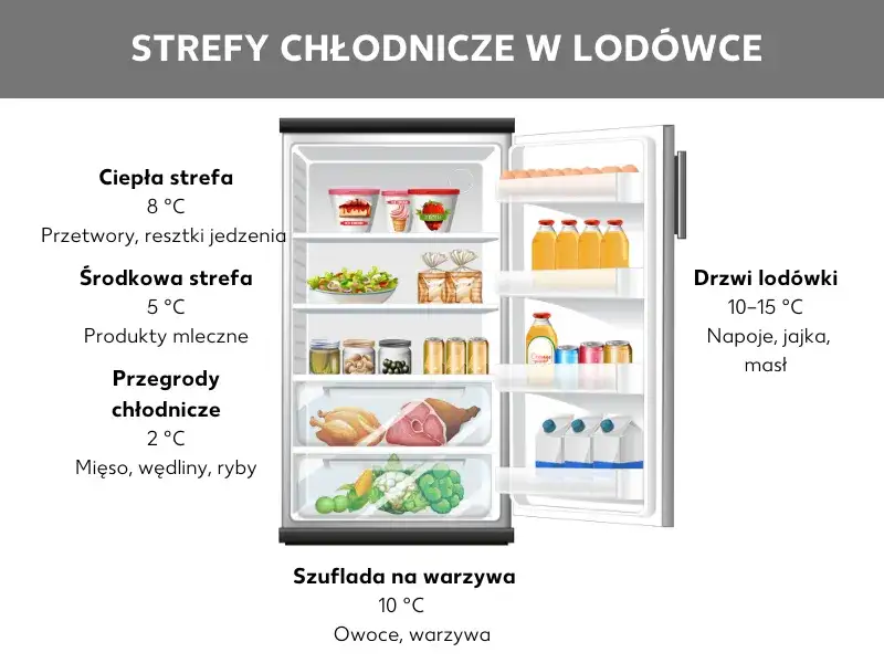 Różne strefy temperatur w lodówce grafika